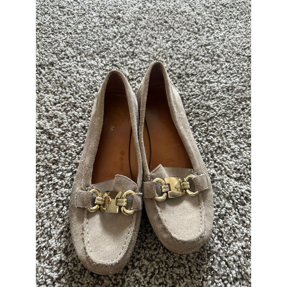 Kate Spade Carmen Suede Driving Loafers Taupe Gold Hardware Size 7.5